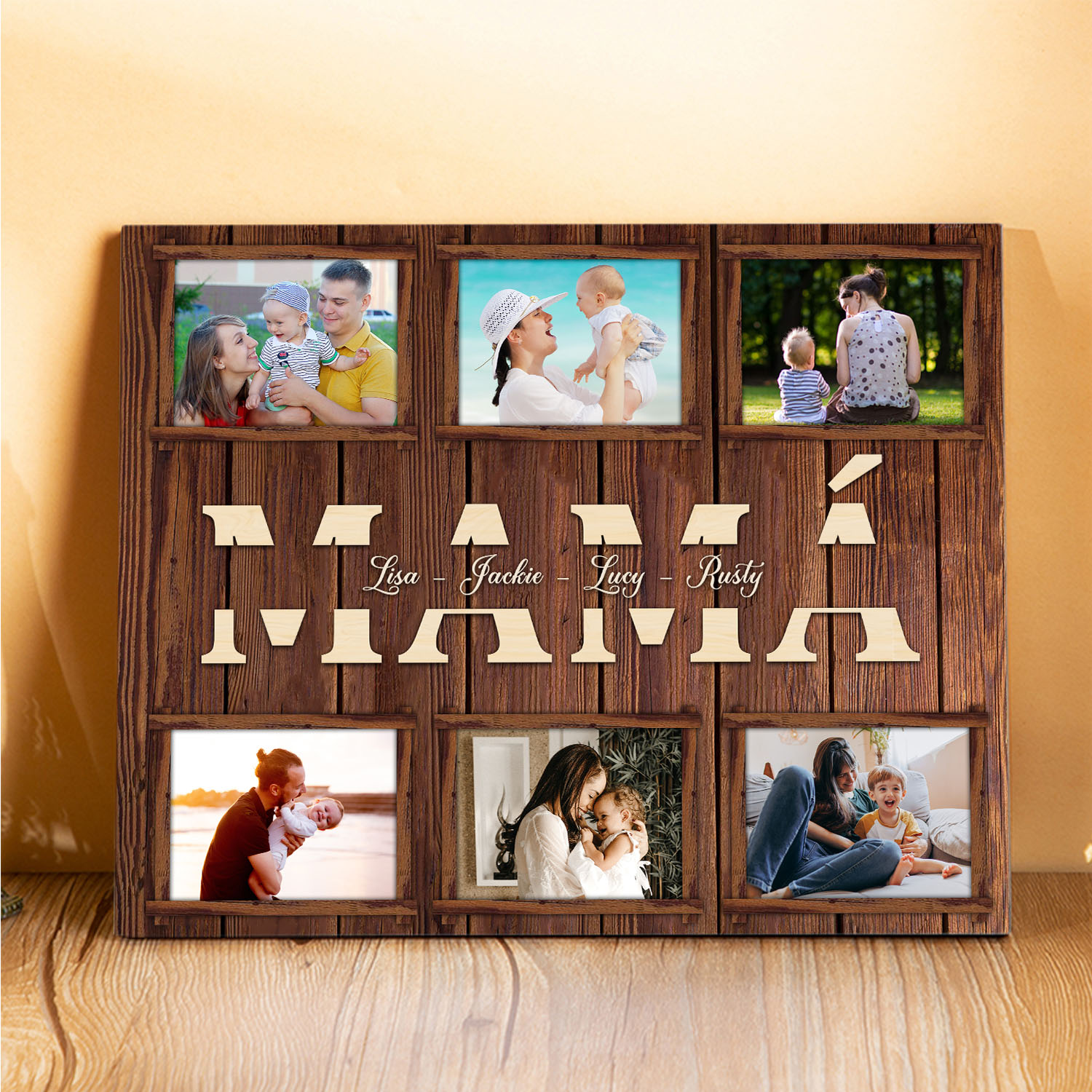 A mi mamá-Lámina marco de madera para mamá personalizado con 1 texto y 6 fotos-Jessemade ES