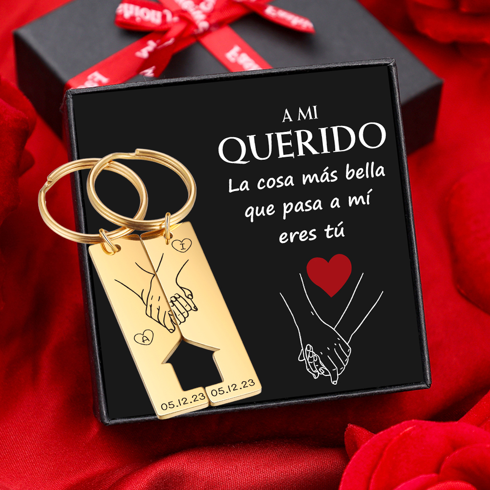 A mi querido-Llavero con casa encajada para pareja manos cogidas 2 letras personalizadas con fecha-Jessemade ES