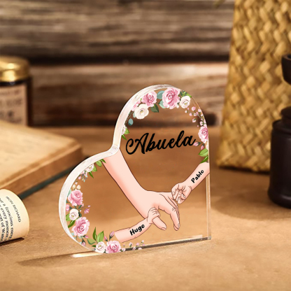 A mi mamá/abuela-Placa de acrílico en forma de corazón mano a mano con 1 texto y 2 nombres personalizados | Jessemade