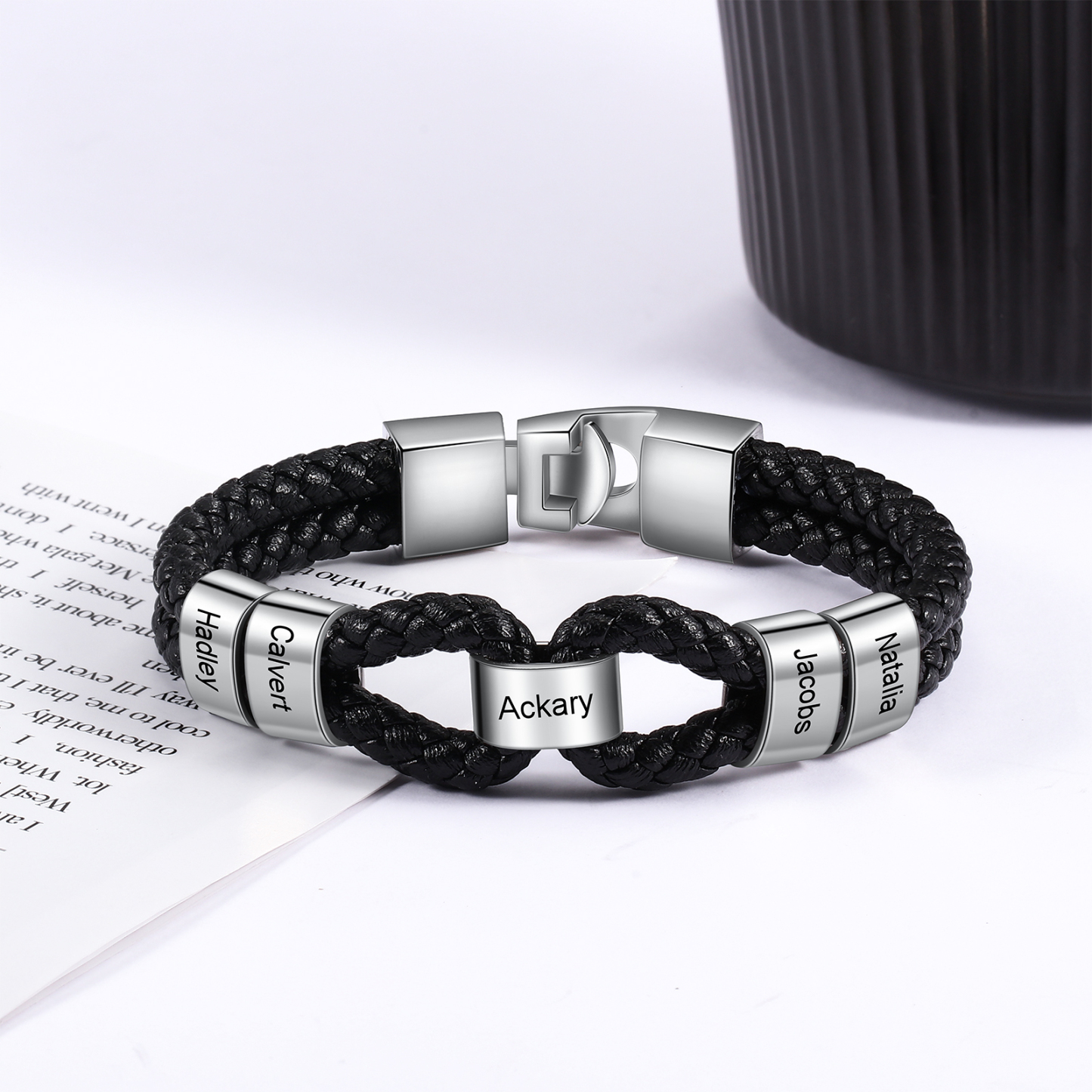 Pulsera 1-7 Nombres Personalizados de Cuero Trenzado con Aros-Jessemade ES