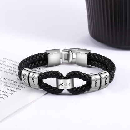 Pulsera 1-7 Nombres Personalizados de Cuero Trenzado con Aros-Jessemade ES