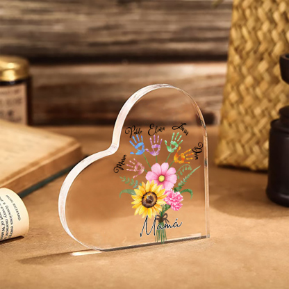 A mi mamá-Placa de acrílico en forma de corazón flor y manitas 1-5 nombres personalizados-Jessemade ES