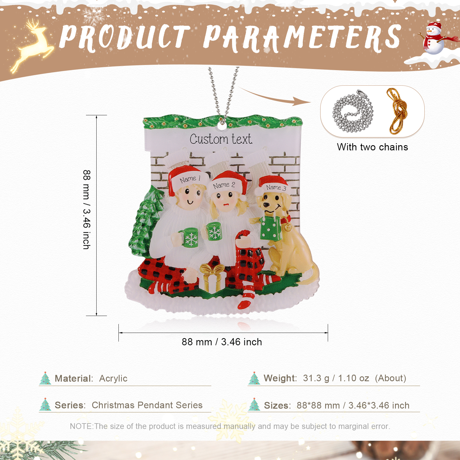 Navidad-Muñecos Ornamentos Navideños Familia con Perro 3 Nombres y Texto Personalizados