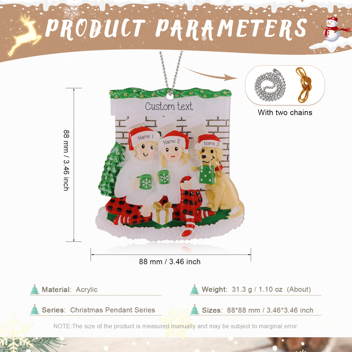 Navidad-Muñecos Ornamentos Navideños Familia con Perro 3 Nombres y Texto Personalizados