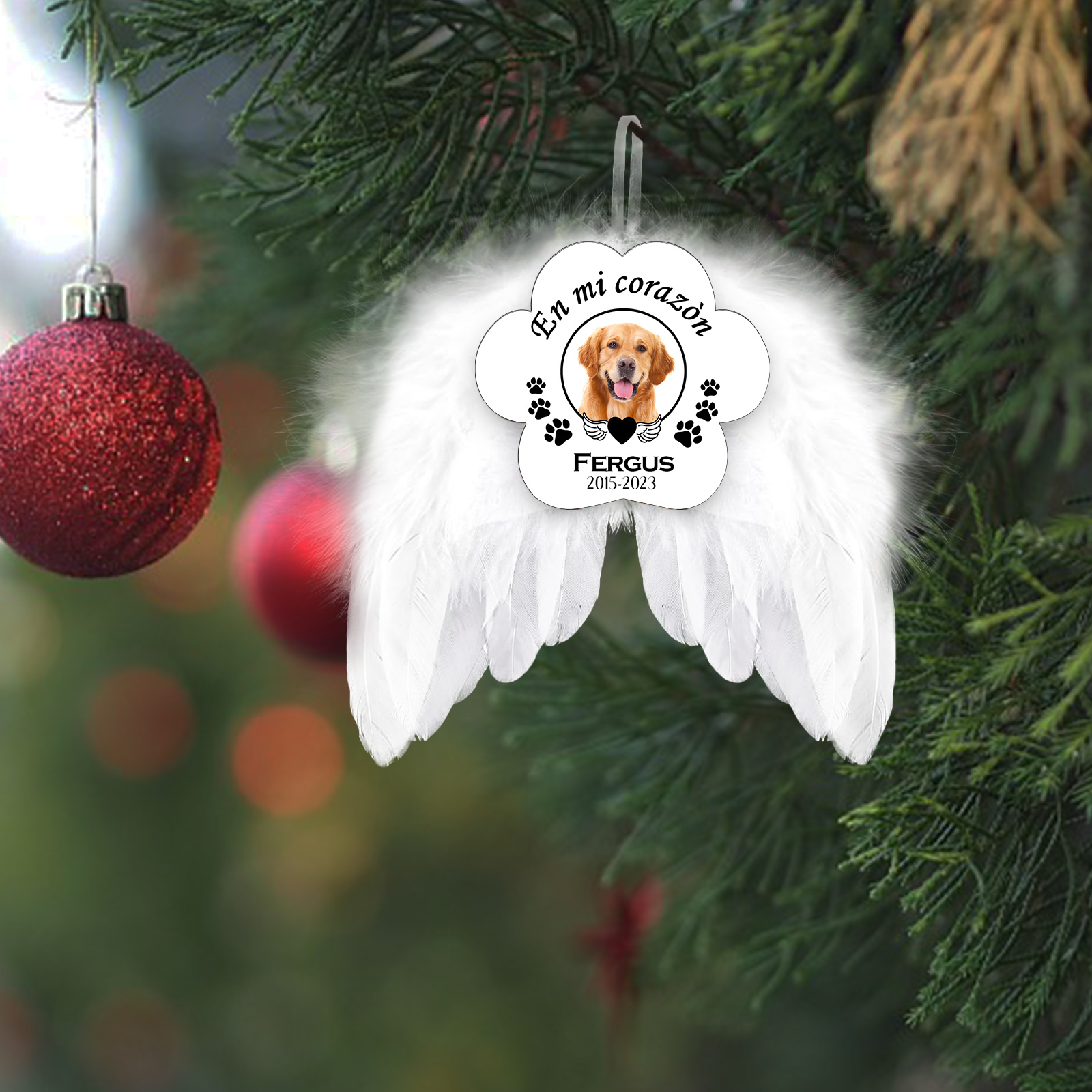 Navidad-Ornamento navideño alas de ángel en memoria de perros con 1 foto, 1 nombre y años personalizados-Jessemade ES