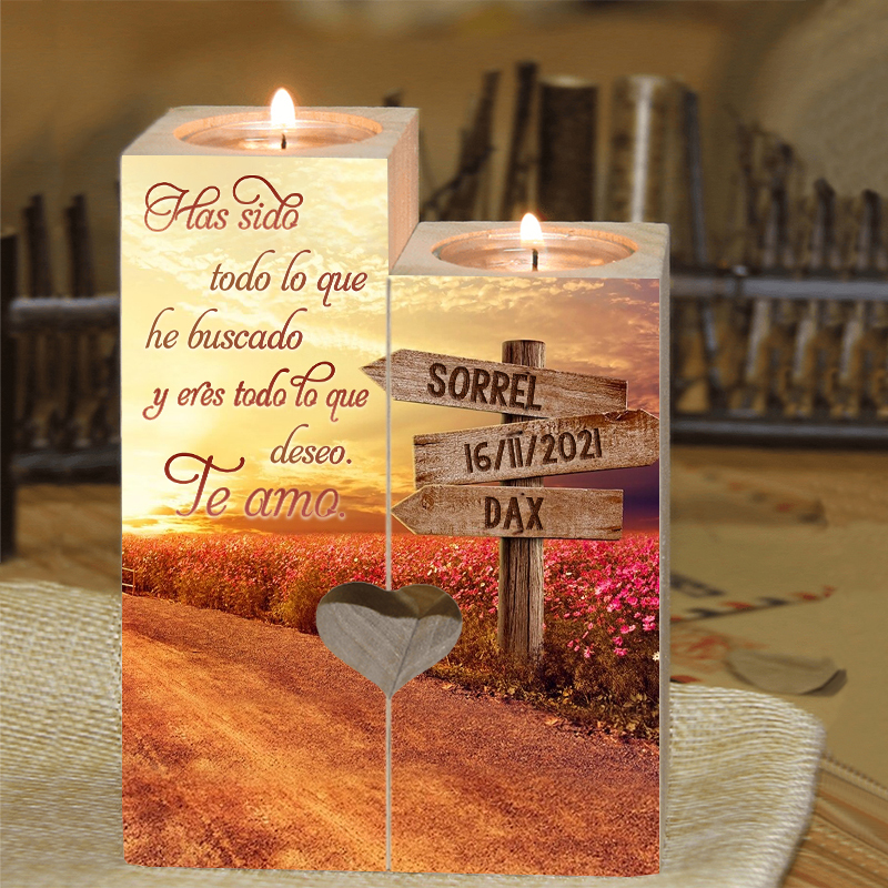 Candelero para pareja de madera de dos piezas sin candela con 2 nombres y fecha personalizados-Jessemade ES