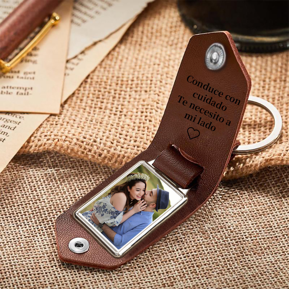 Llavero para pareja de cuero personalizado con 1 texto y foto-Jessemade ES