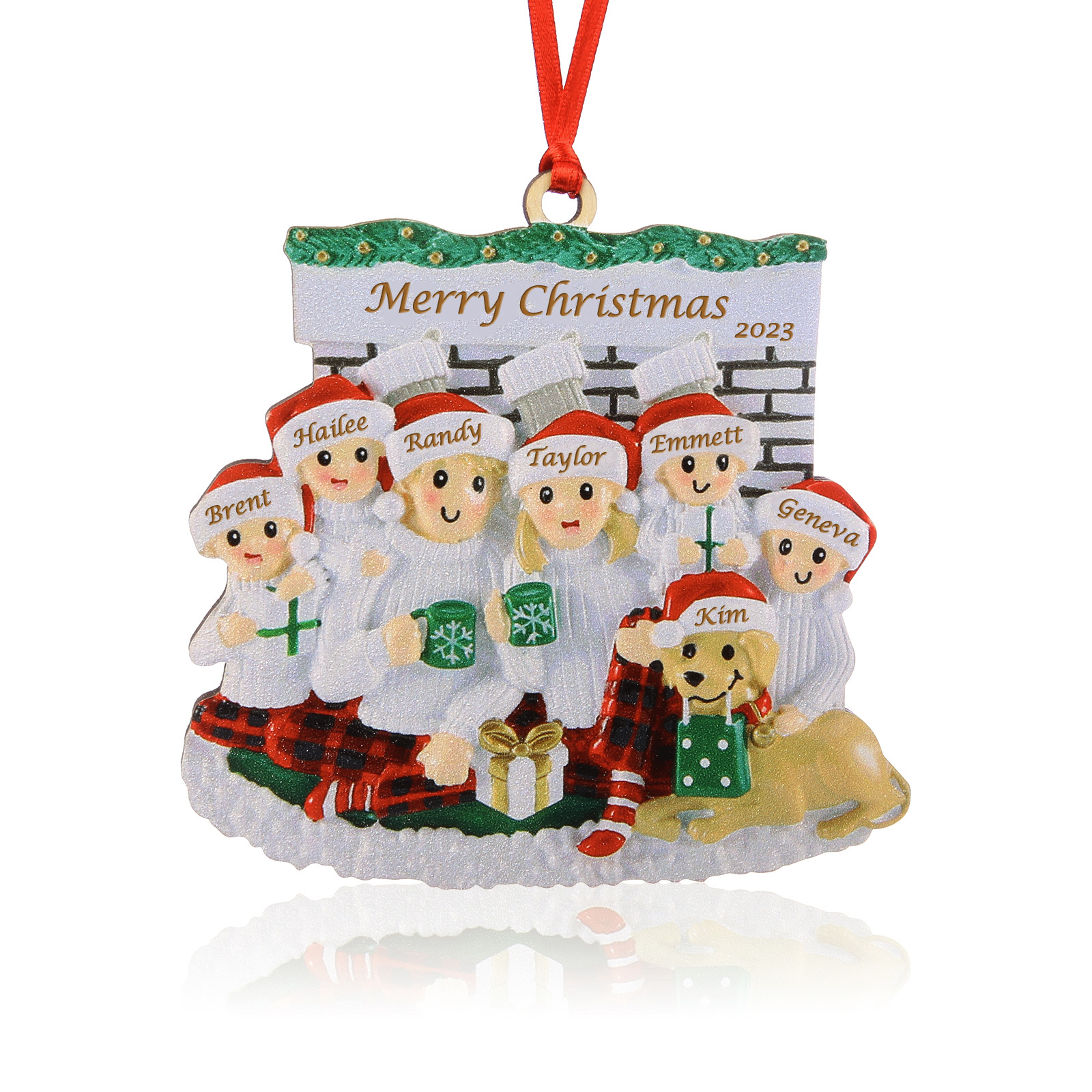 Navidad-Muñecos Ornamentos Navideños Familia con Perro 7 Nombres, Año y Texto Personalizados Adorno de Madera-Jessemade ES
