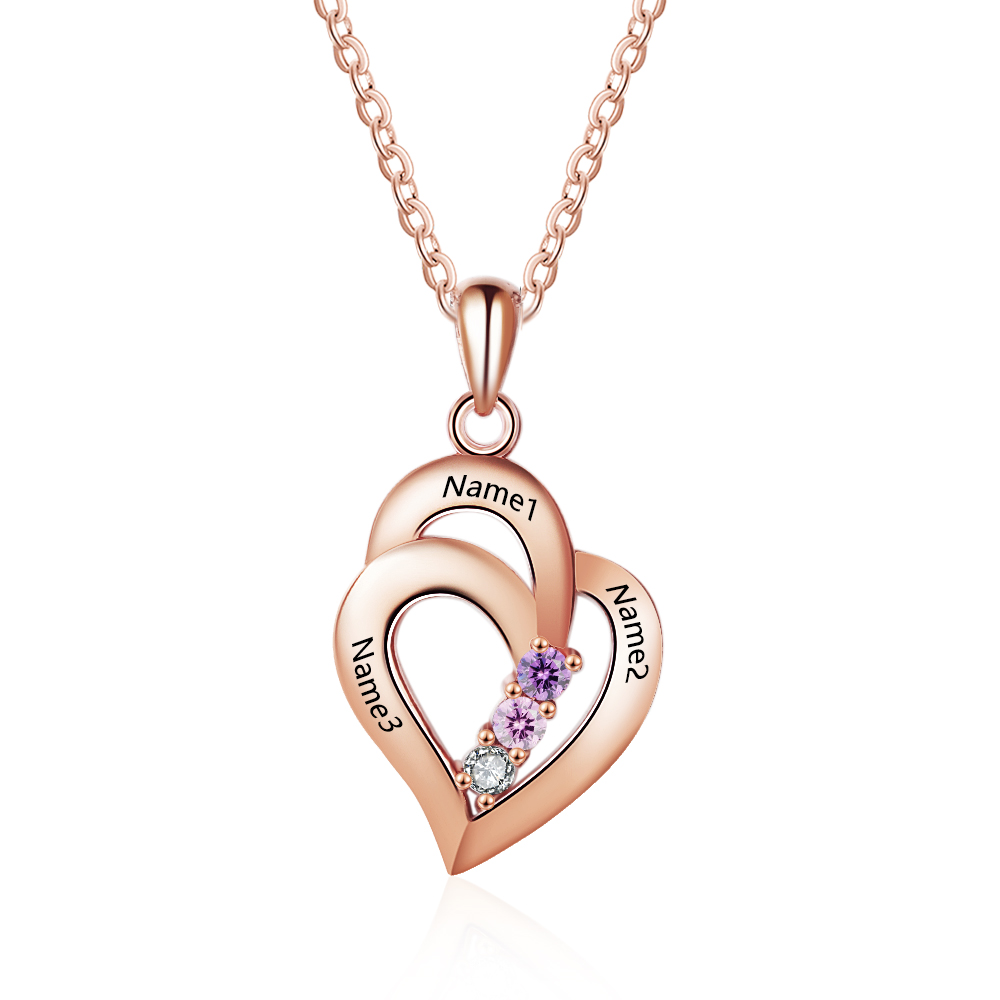 Collar para mujer de corazón de plata 925 personalizado con 3 piedras de nacimiento y 3 nombres