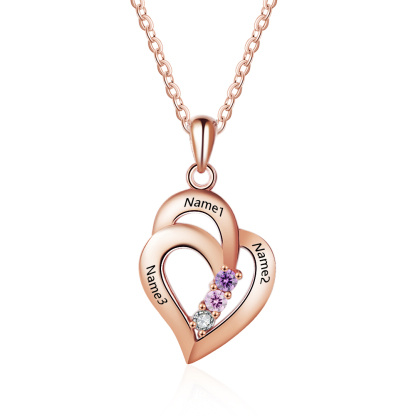 Collar para mujer de corazón de plata 925 personalizado con 3 piedras de nacimiento y 3 nombres