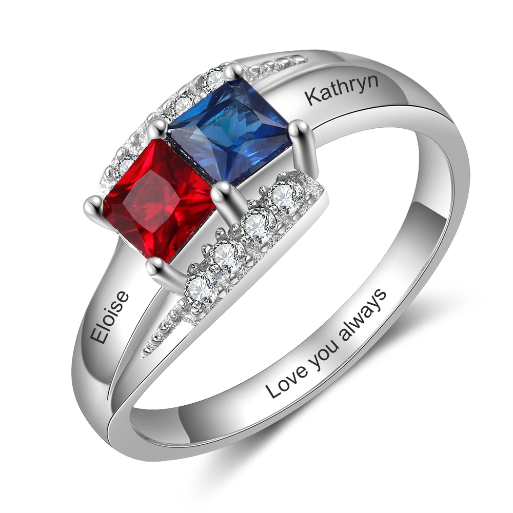 Anillo de Plata 925 2 Nombres Personalizados con 2 Piedras de Nacimiento
