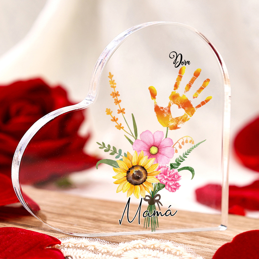 A mi mamá-Placa de acrílico en forma de corazón flor y manitas 1-5 nombres personalizados-Jessemade ES