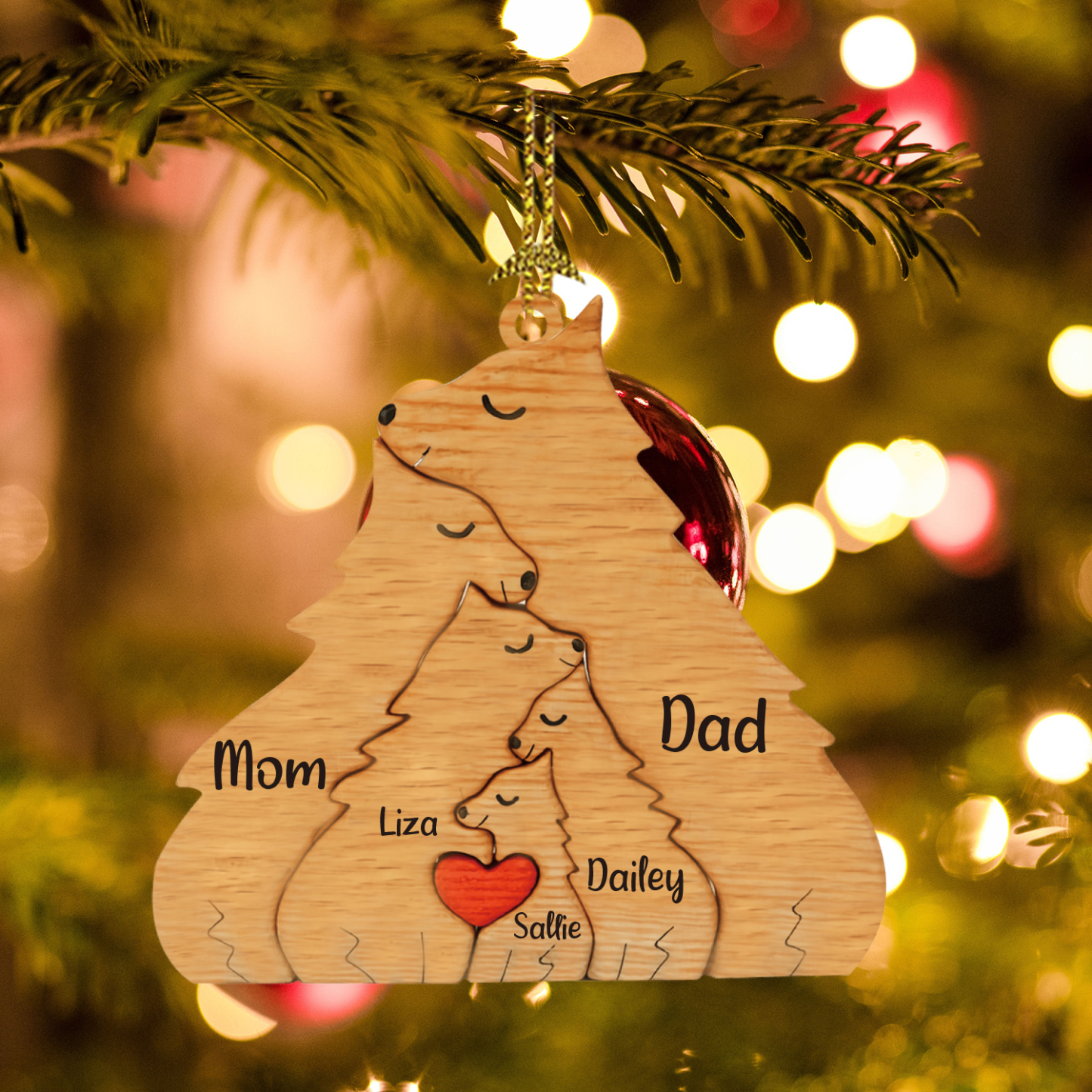 Navidad-Ornamento muñecos navideño de madera familia de zorros 5 nombres personalizados adorno del árbol-Jessemade ES