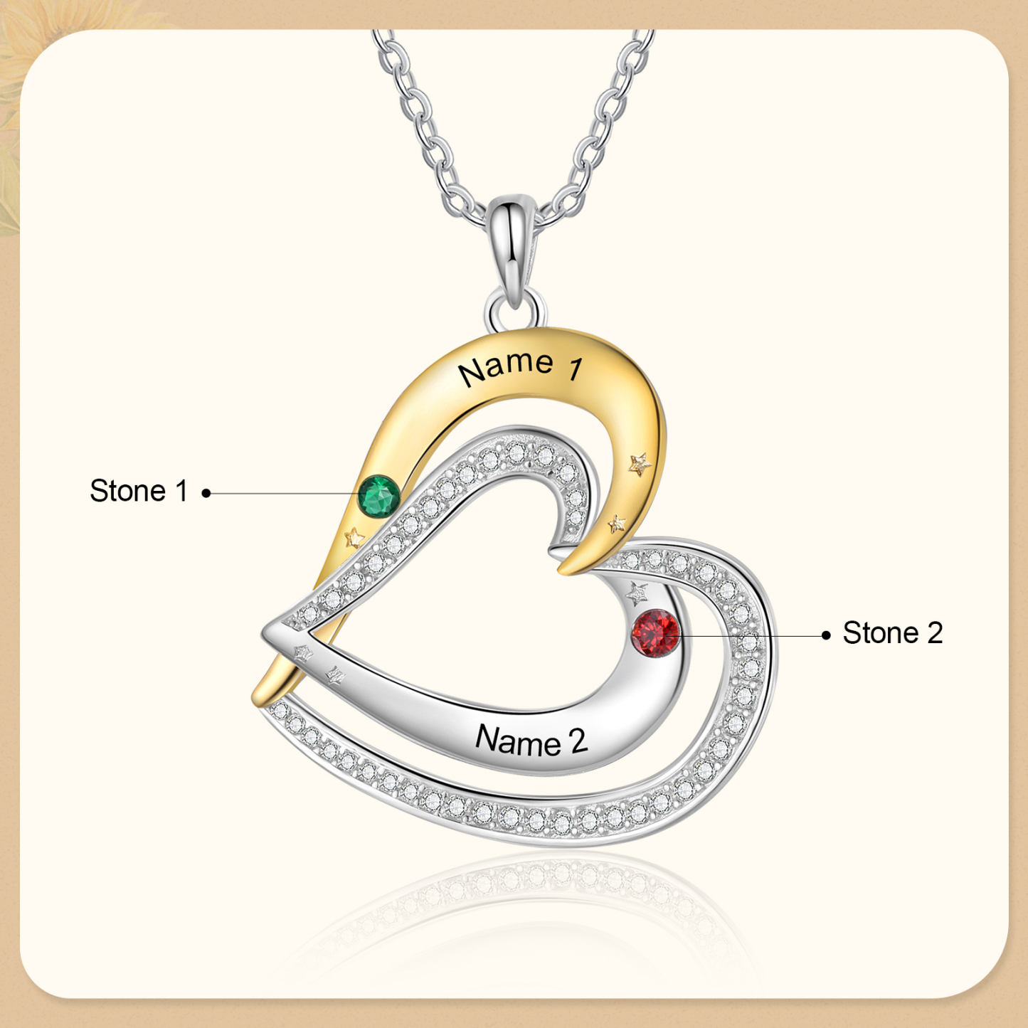 Collar de corazón con 2 nombres y piedras de nacimiento personalizados-Jessemade ES