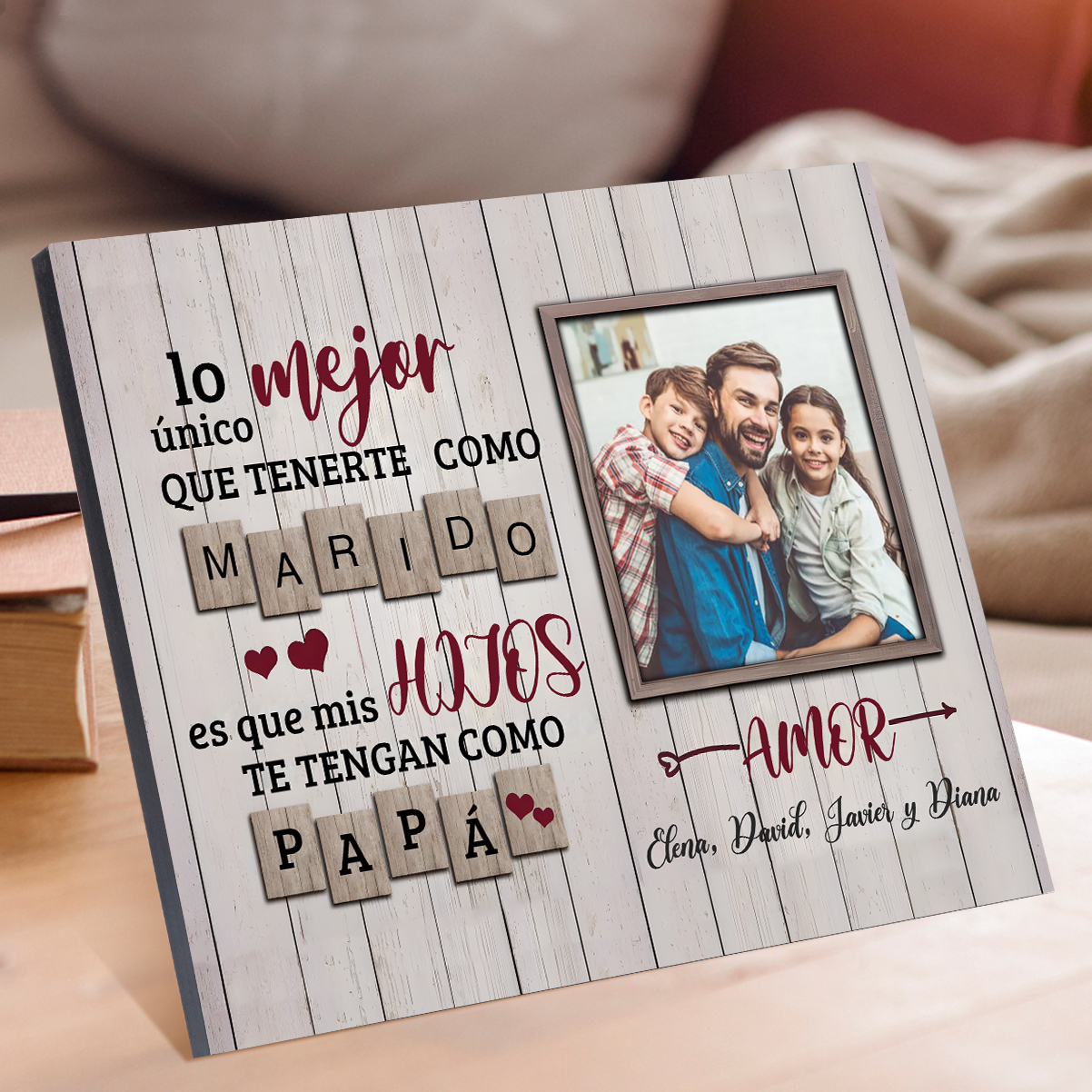 Feliz Día del Padre a mi marido - Lámina marco de madera 1 texto personalizado con 1 foto-Jessemade ES