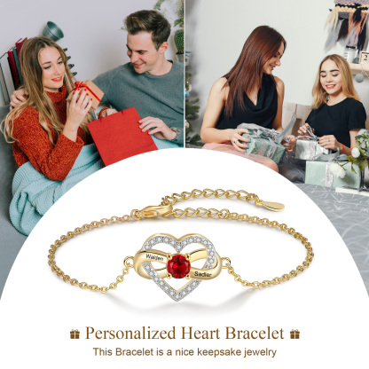 Pulsera de corazón para mujer personalizada con 2 nombres y 1 piedra de nacimiento-Jessemade ES