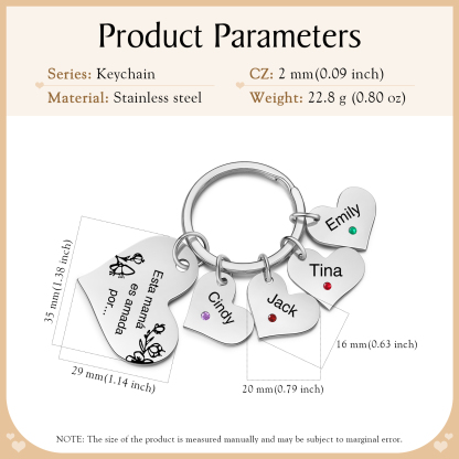 A mi mamá/abuela - Llavero con 4 nombres y piedras de nacimiento personalizados en corazones con texto-Jessemade ES