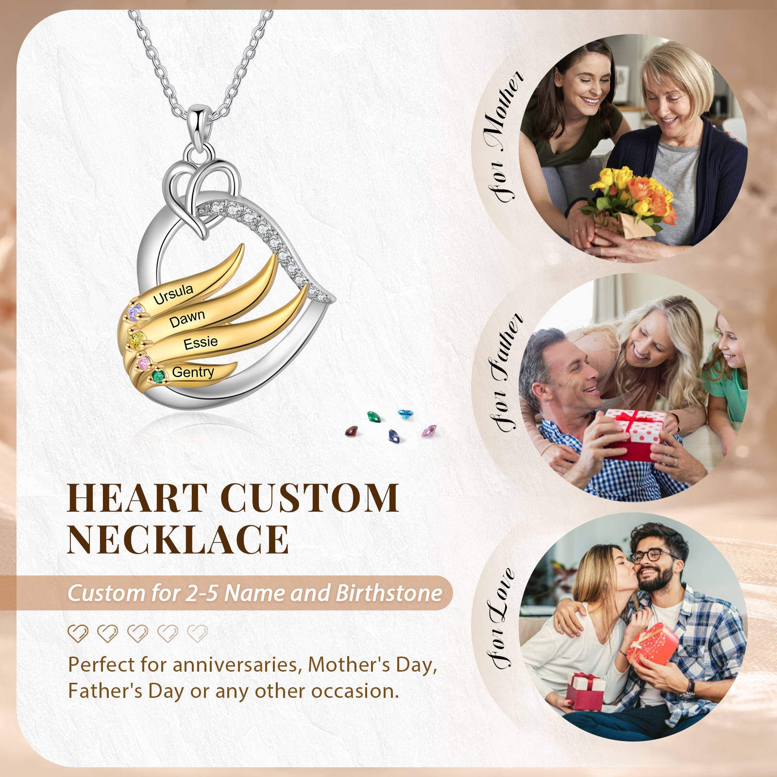 Collar en corazón con 2-5 nombres personalizados y 2-5 piedras de nacimiento-Jessemade ES