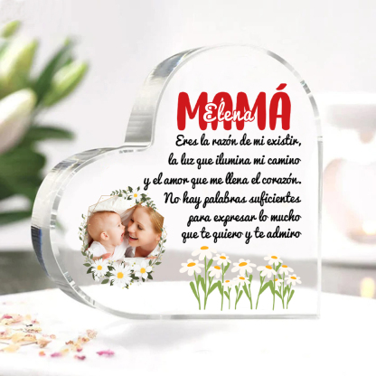 A mi mamá-Placa de acrílico en forma de corazón con frases amorosos 1 nombre y foto personalizados-Jessemade ES