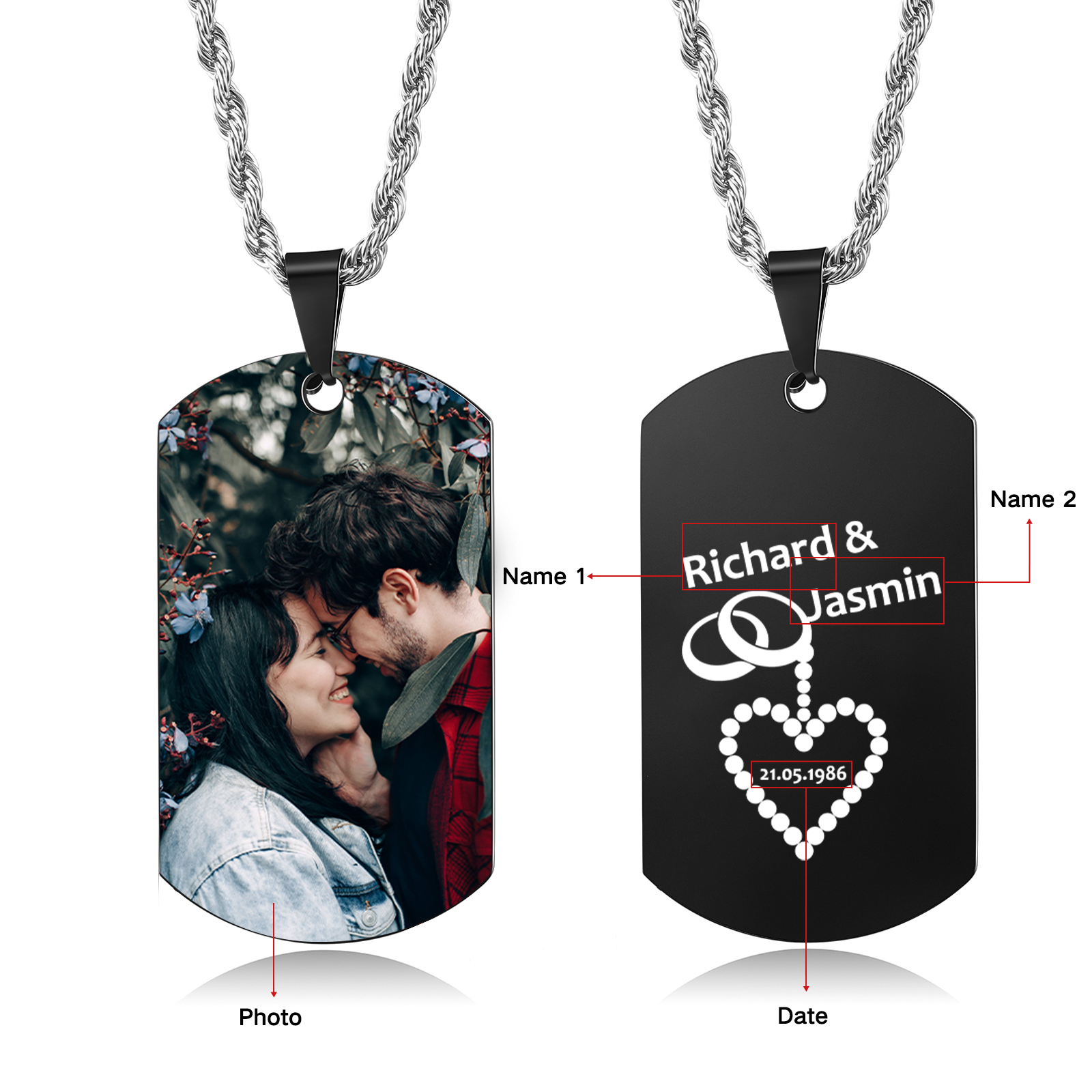 Collar de placa con foto personalizado con 2 nombres, fecha en la trasera para hombre-Jessemade ES