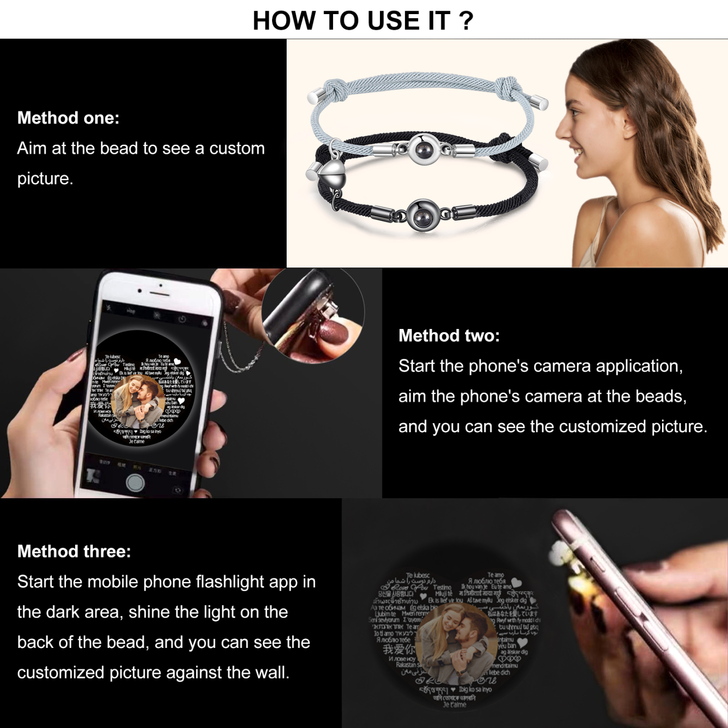 Pulsera para pareja con proyección de foto con dije de corazón magnético-Jessemade ES