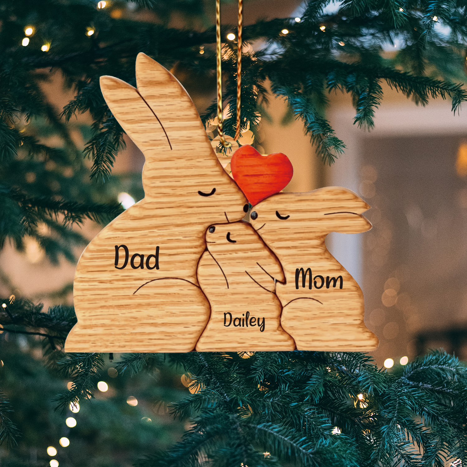 Navidad-Ornamento muñecos navideño de madera familia de conejos 3 nombres personalizados adorno del árbol-Jessemade ES
