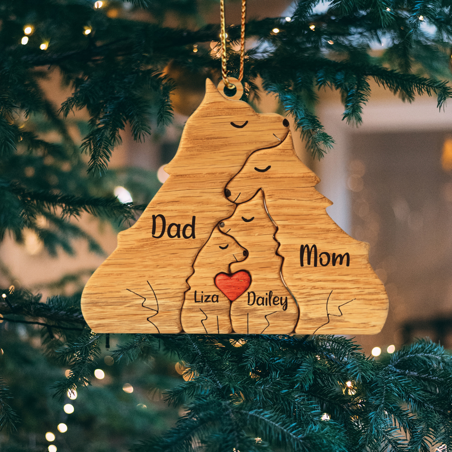 Navidad-Ornamento muñecos navideño de madera familia de zorros 4 nombres personalizados adorno del árbol-Jessemade ES