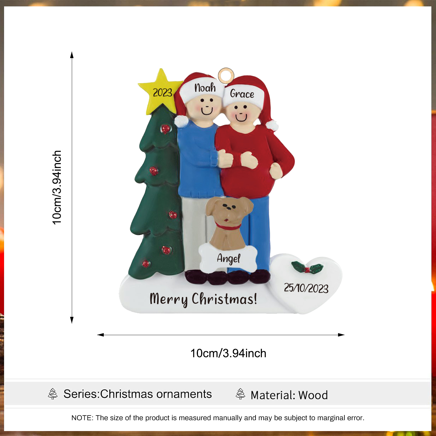 Navidad-Muñecos Ornamentos Navideños de Pareja con Perro 3 Nombres, Año, Fecha y Texto Personalizados Adorno de Madera-Jessemade ES