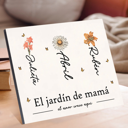 A familia - Lámina 1-12 nombres y flores personalizados con 1 texto marco de madera-Jessemade ES