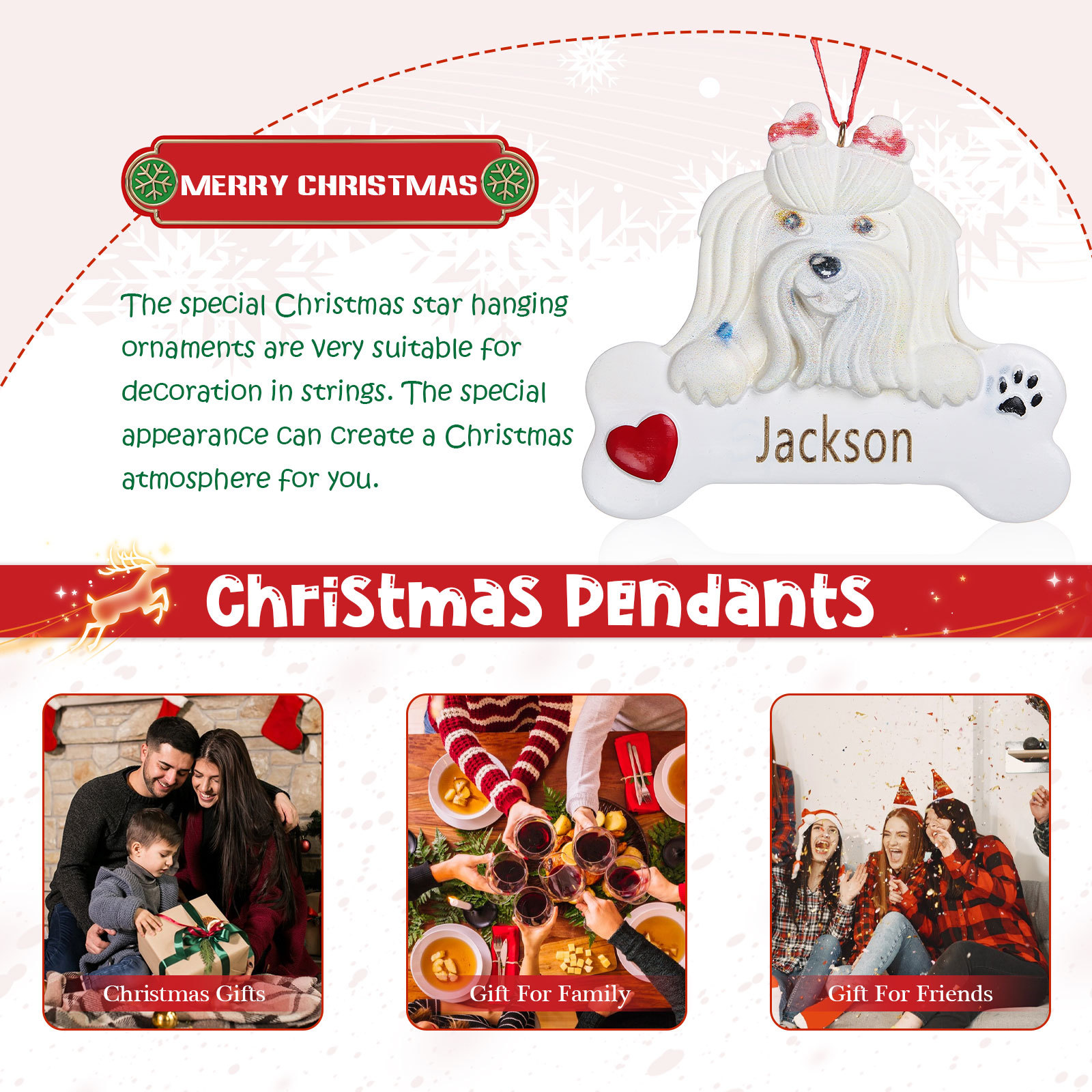 Navidad-Ornamento navideño de resina mascota perro Bichón maltés 1 nombre personalizado adorno del árbol-Jessemade ES