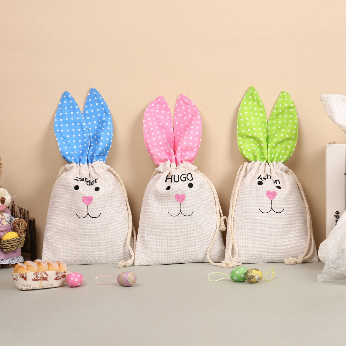 Pascua-Bolsa de conejo con 1 nombre personalizado-Jessemade ES