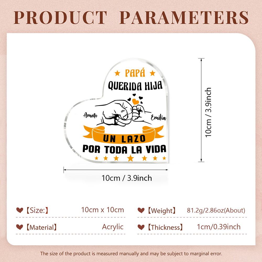 Placa de acrílico en forma de corazón puño con puño papá e hija con 2 nombres personalizados-Jessemade ES