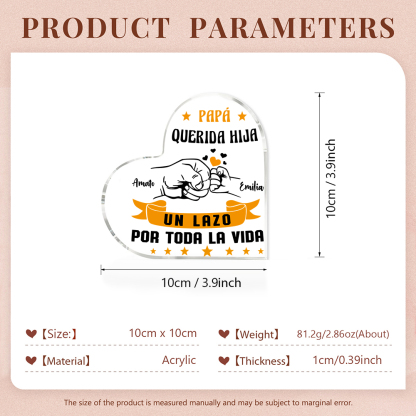 Placa de acrílico en forma de corazón puño con puño papá e hija con 2 nombres personalizados-Jessemade ES