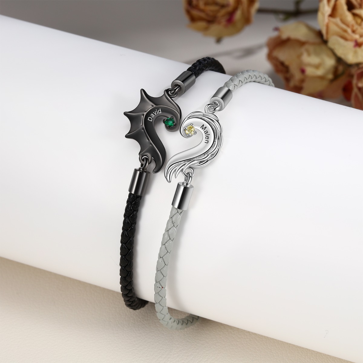 Caja Navidad-Pulsera de pareja 2 nombres personalizados con 2 piedras de nacimiento-Jessemade ES