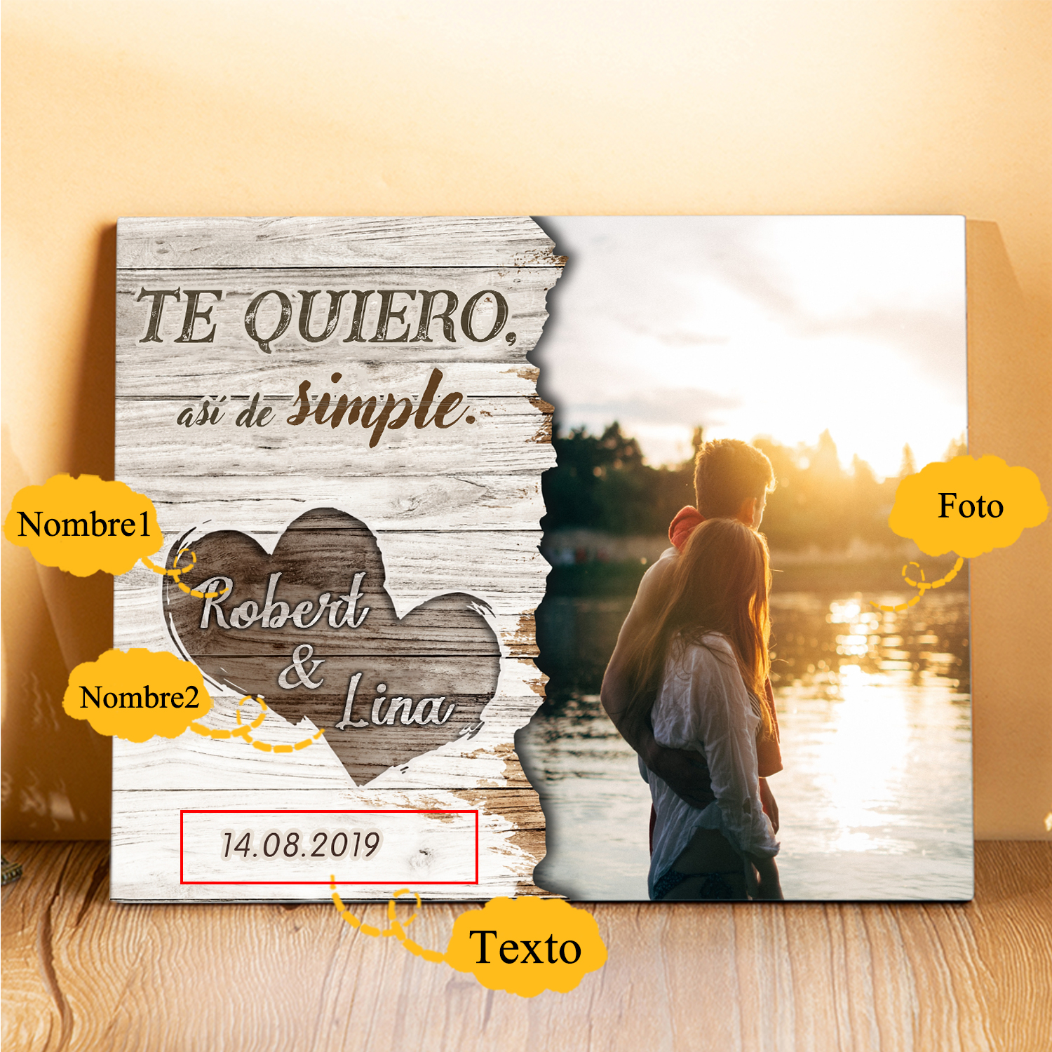 Lámina marco de madera para pareja 2 nombres personalizados con fecha y foto-Jessemade ES