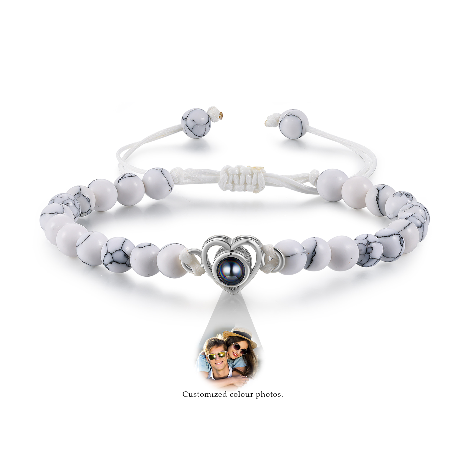 Pulsera de turquesa blanca sintética con proyección de foto en color con dije de corazón pulsera ajustable-Jessemade ES