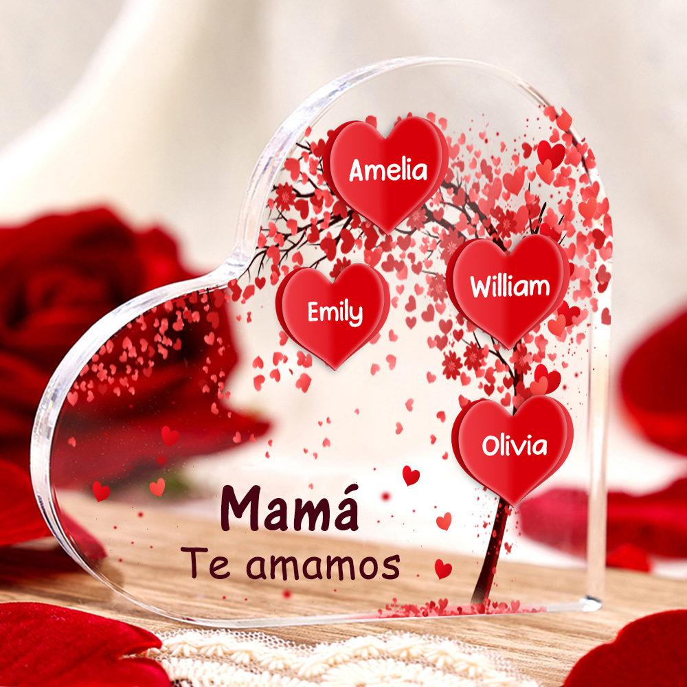 A mi mamá/abuela-Placa de acrílico "Corazones" en forma de corazón 4 nombres y 1 texto personalizados-Jessemade ES