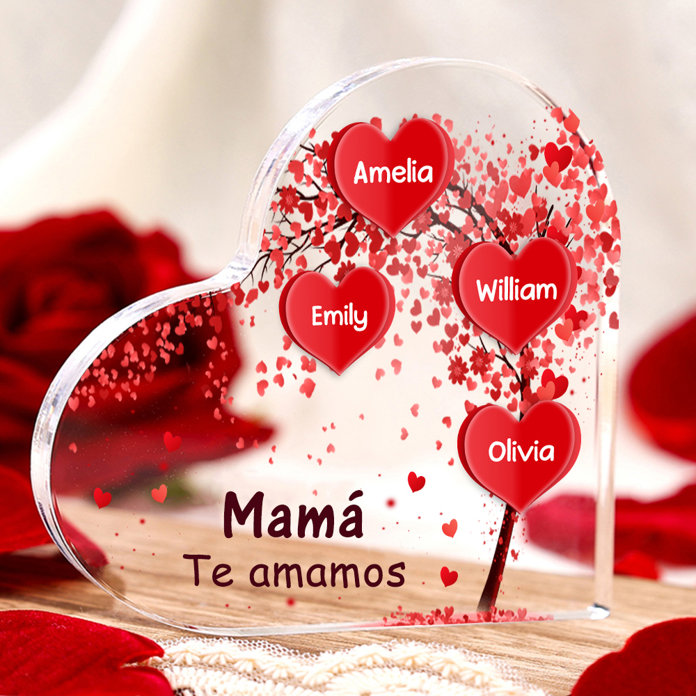 A mi mamá/abuela-Placa de acrílico "Corazones" en forma de corazón 4 nombres y 1 texto personalizados-Jessemade ES