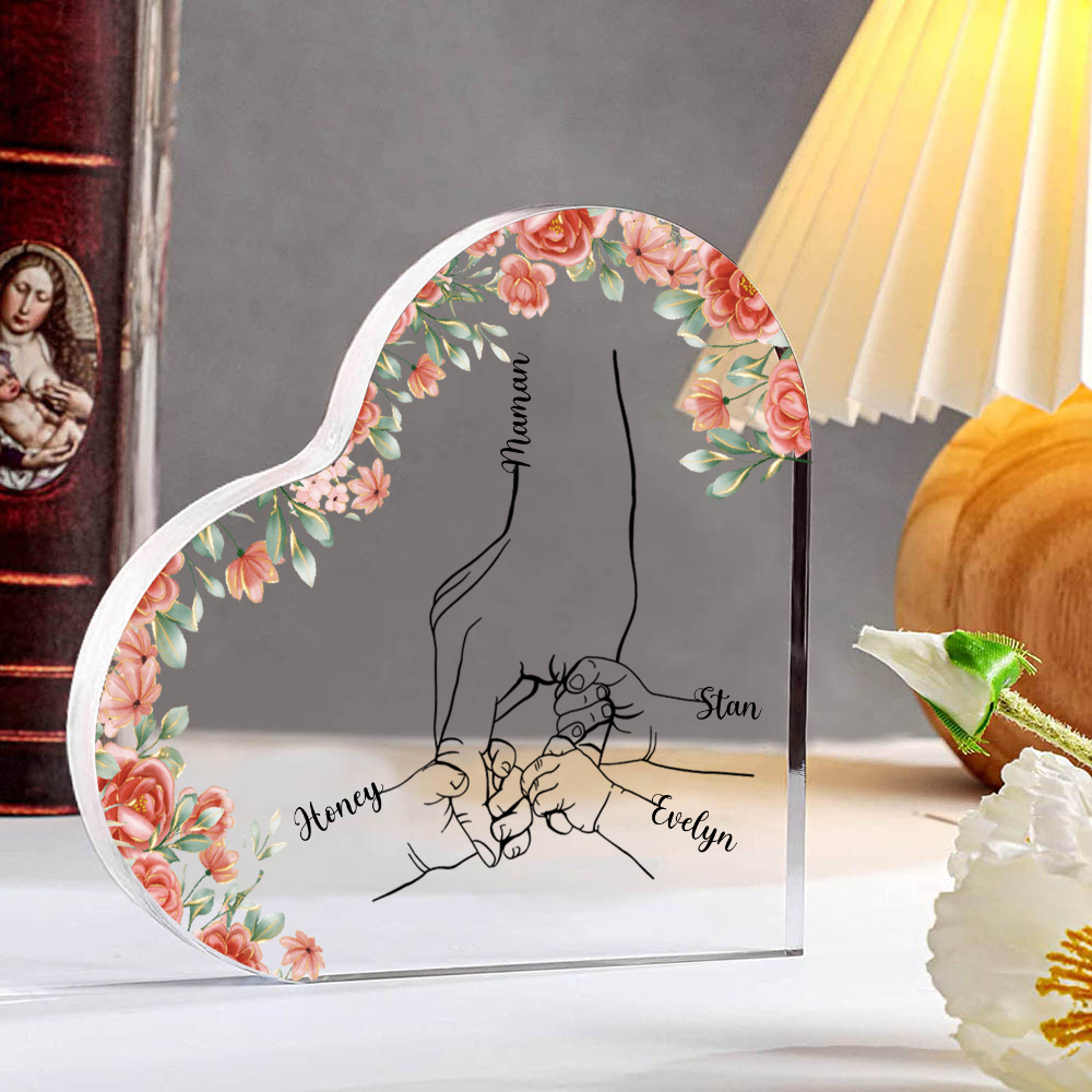 A mi mamá/abuela-Placa de acrílico en forma de corazón mano y manitas 2-6 nombres personalizados-Jessemade ES