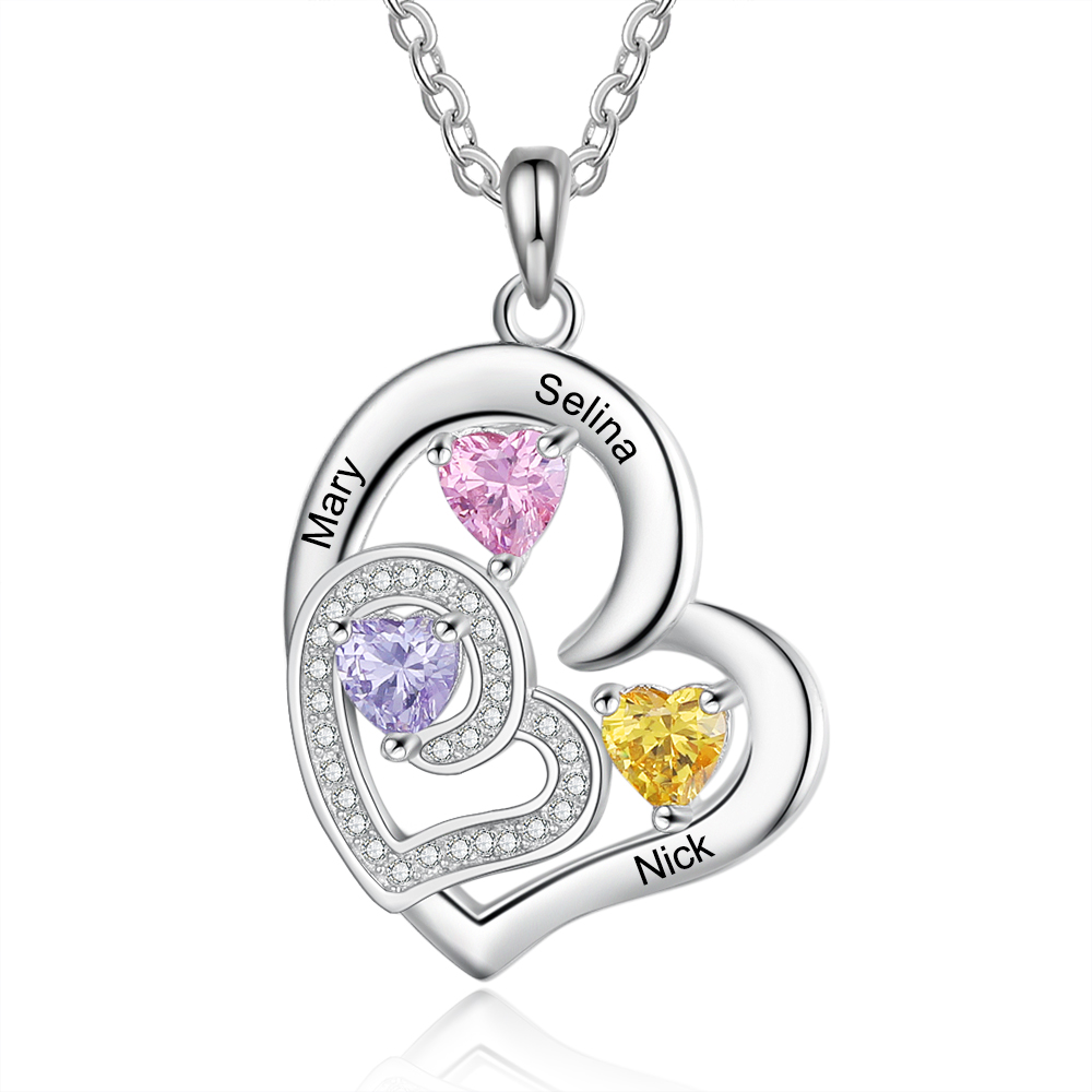 Collar para Mujer de Corazón 3 Nombres Personalizados y 3 Piedras de Nacimiento