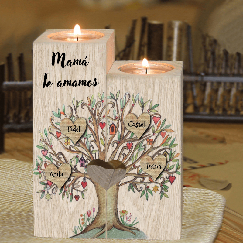 A la familia-Candelero de árbol de la vida de madera personalizado con 3-8 nombres y 1 texto sin vela-Jessemade ES