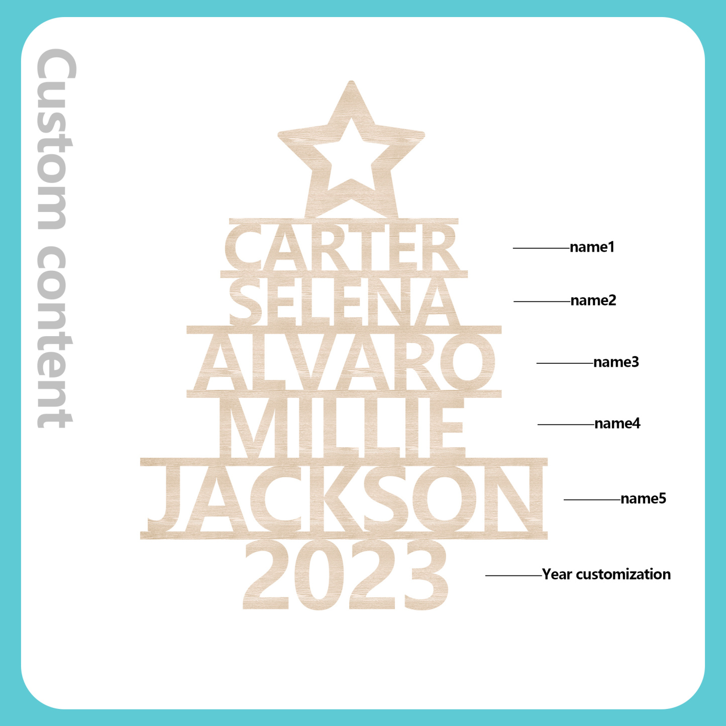 Navidad-Ornamento navideño de madera árbol de nombres con 5 nombres y año personalizados