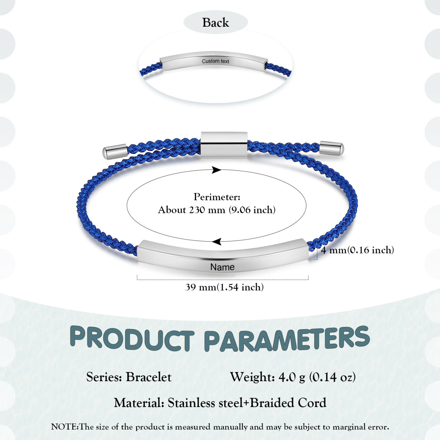 Pulsera de cuerda tejida a mano con nombre y texto personalizados seis colores placa plateada