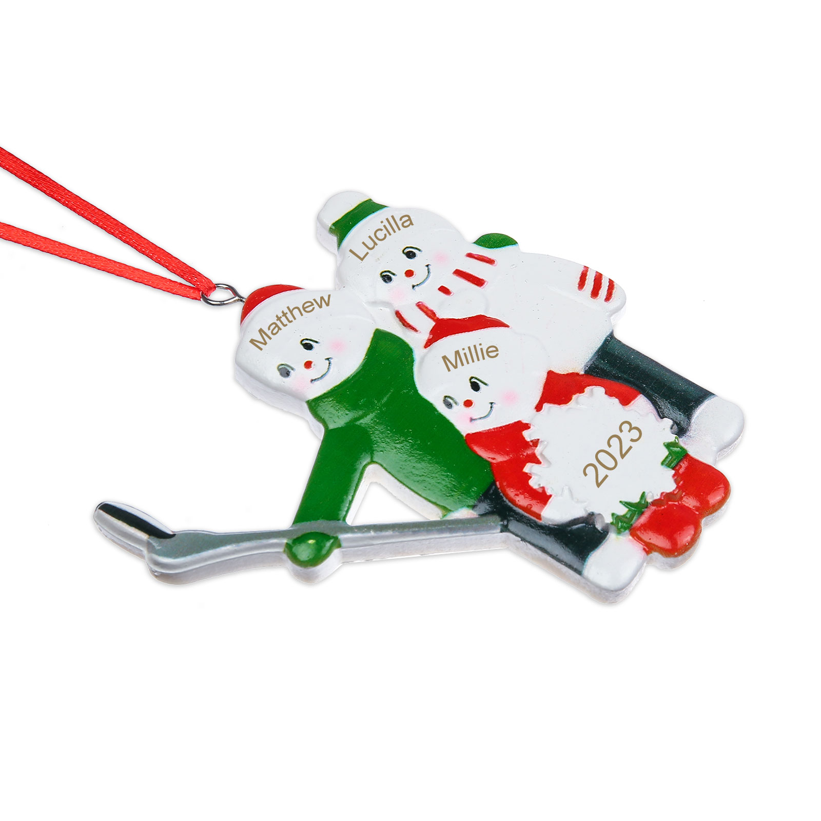 Navidad-Ornamento muñecos navideño de resina Esquiar año y 3 nombres personalizados adorno del árbol