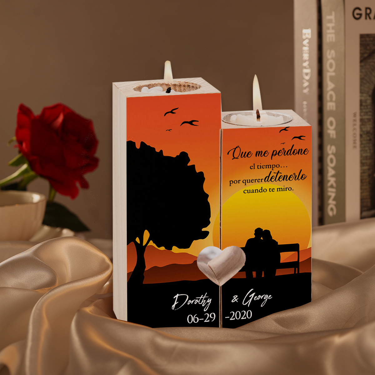 Candelero para pareja de madera de dos piezas sin candela con 2 nombres y fecha personalizados-Jessemade ES