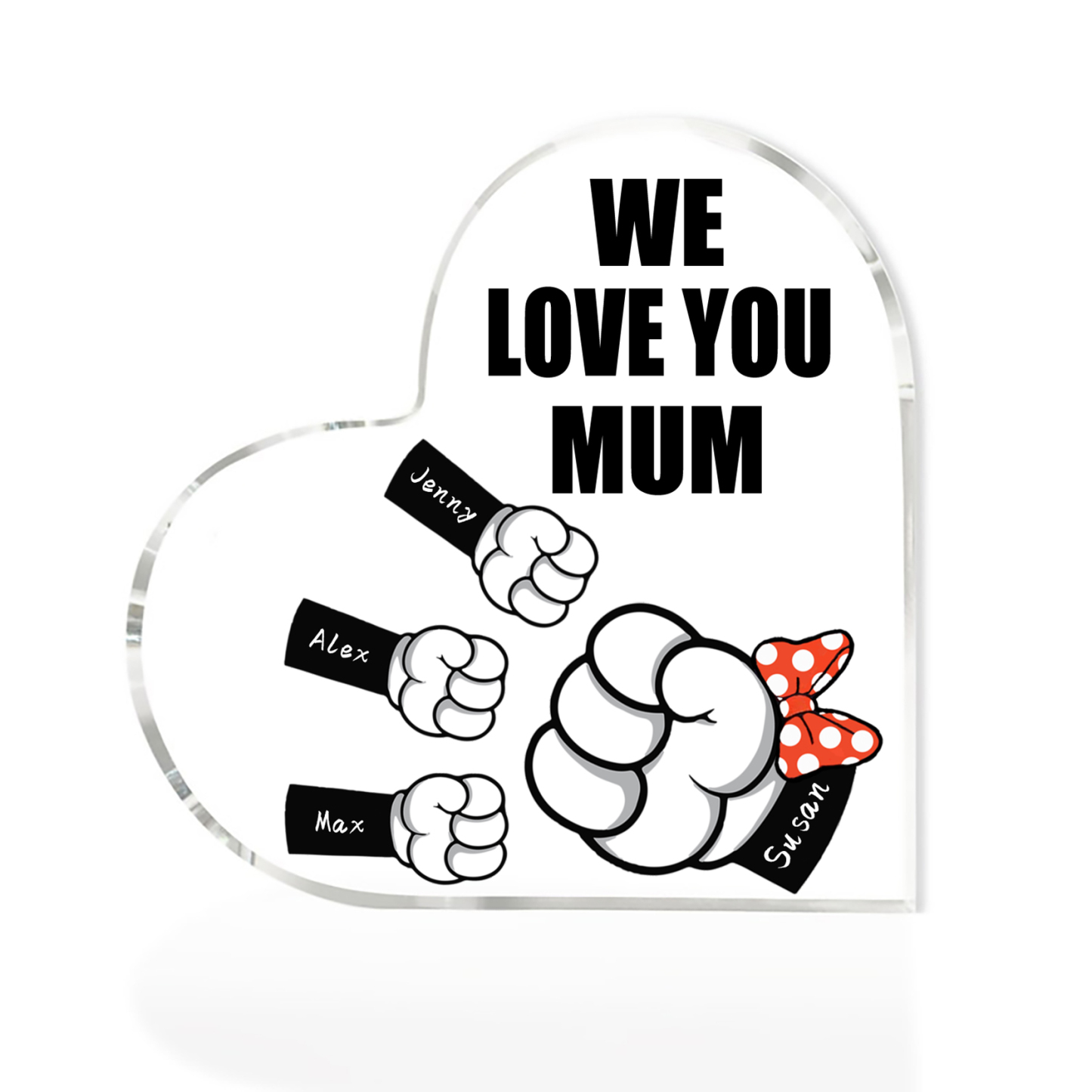 A mi mamá/abuela-Placa de acrílico "Puños" en forma de corazón 4 nombres y 1 texto personalizados-Jessemade ES