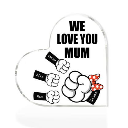 A mi mamá/abuela-Placa de acrílico "Puños" en forma de corazón 4 nombres y 1 texto personalizados-Jessemade ES