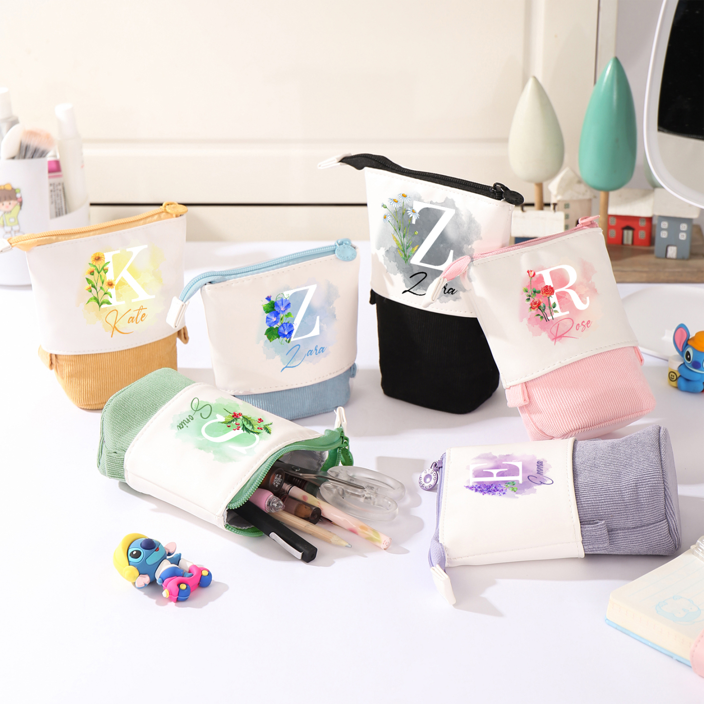 Estuche personalizado con nombre, letra y flor de nacimiento con diseños coloridos para niños