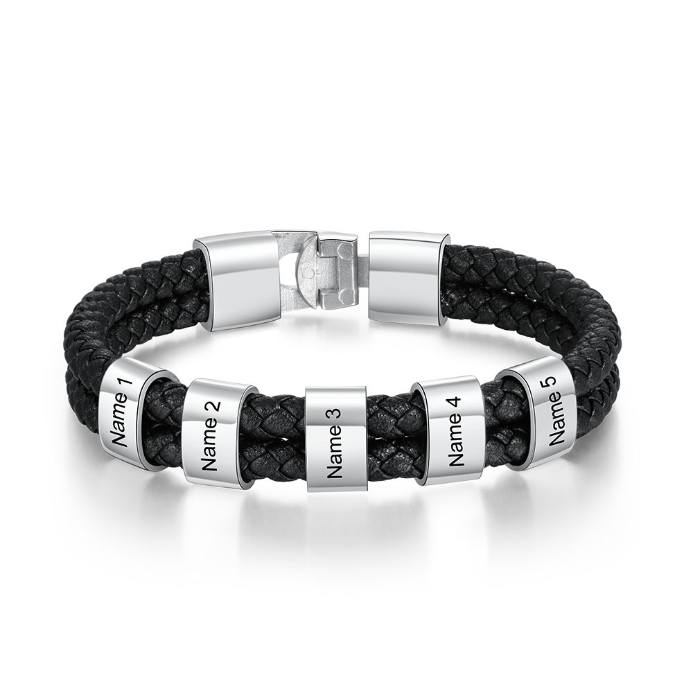 A mi papá-Pulsera de cuero trenzado Pulsera de hombre con 5 aros personalizados con 5 nombres-Jessemade ES