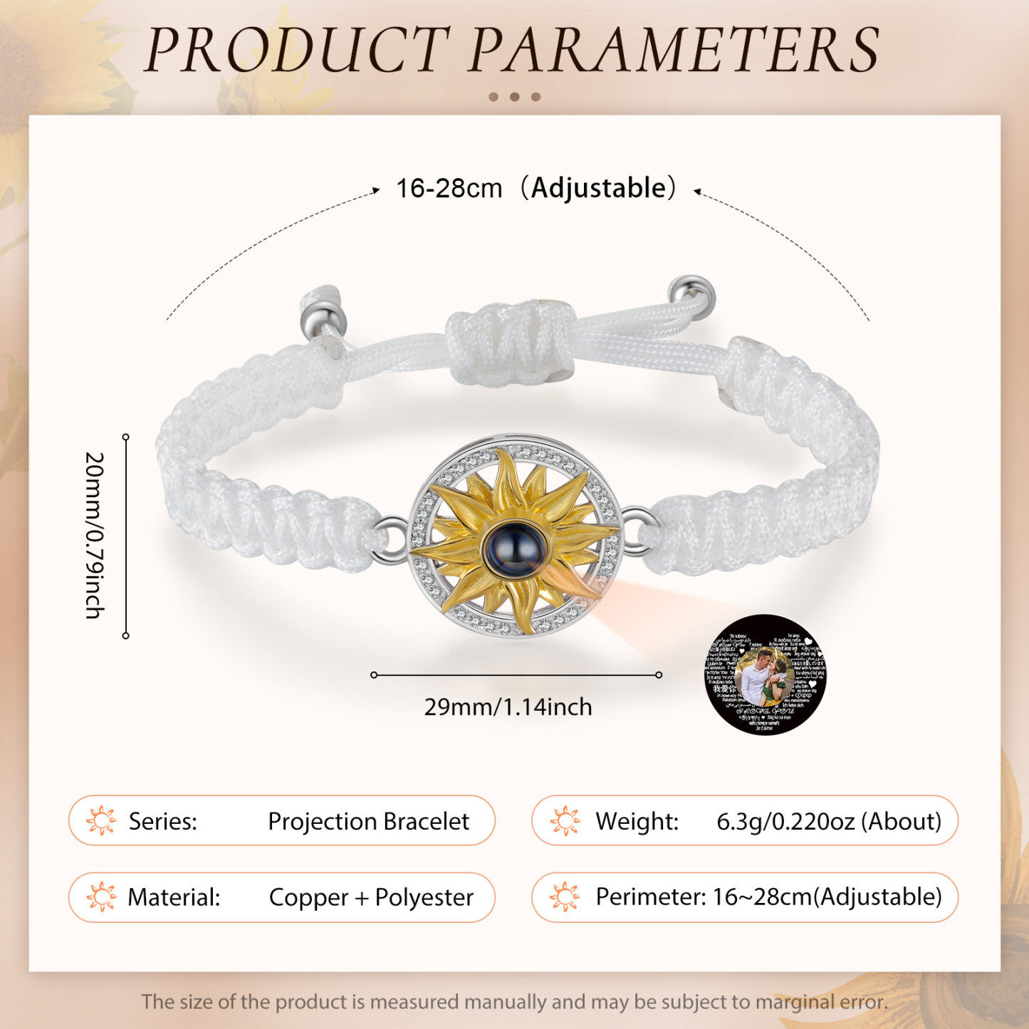 Pulsera con proyección de foto con dije de girasol cuerda blanca-Jessemade ES